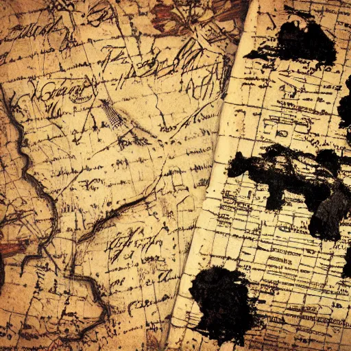 Image similar to blood and black ink spilled on an old treasure map.
