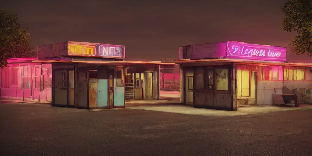 Image similar to an empty parking lout outside an abandoned retro diner at night, by lee madgwick, pink and orange neon lights, highly detailed, photorealistic, artstation trending, cryengine 8 k uhd