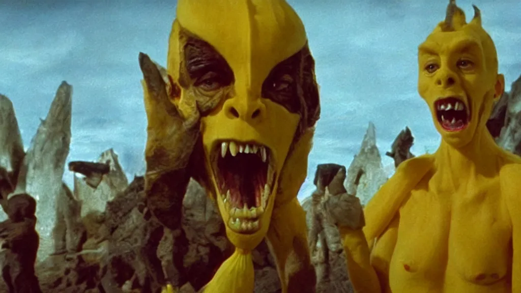 Image similar to giant monsters made of bananas and sharp teeth eating people, star trek, film still from a movie directed by Denis Villeneuve with art direction by Salvador Dalí, wide lens