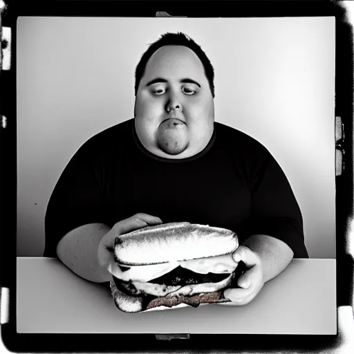 Image similar to a black and white film photograph of a fat man eating a sandwich. holga, lomo, lomography, retro, toy camera, film, tri - x, plus - x, vintage