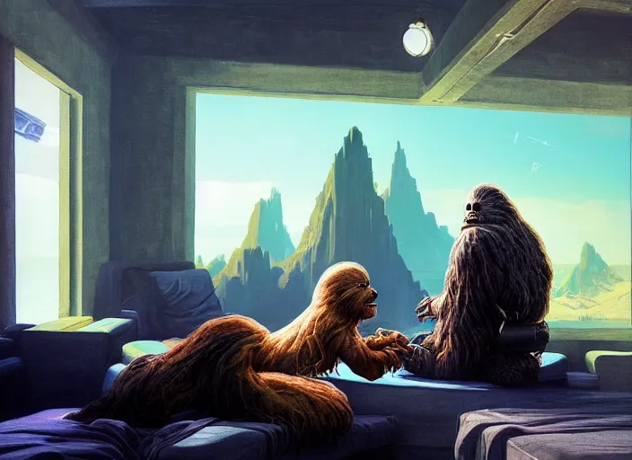 Prompt: wookiee comfy at home trading crypto. the charts are at all time highs, painting by frank frazetta, 3 d rendering by beeple