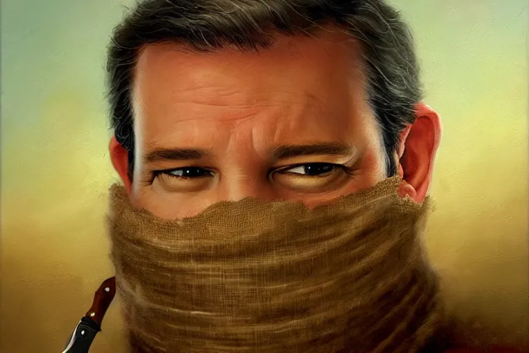 Prompt: portrait of ted cruz wearing a burlap sack with a knife at night in texas, an oil painting by ross tran and thomas kincade