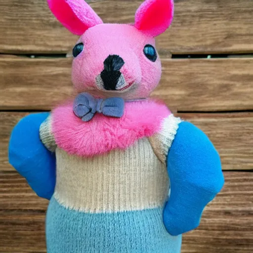 Prompt: photo of pink stuffed animal, kangaroo, blue sweater