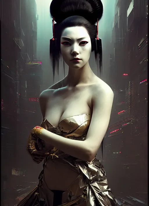Image similar to portrait of a seductive cyberpunk latex geisha, modern fine art, fractal, in the style of ghosts in the machine, intricate ornaments, elegant, highly detailed, digital photography, subsurface scattering, by greg rutkowski,