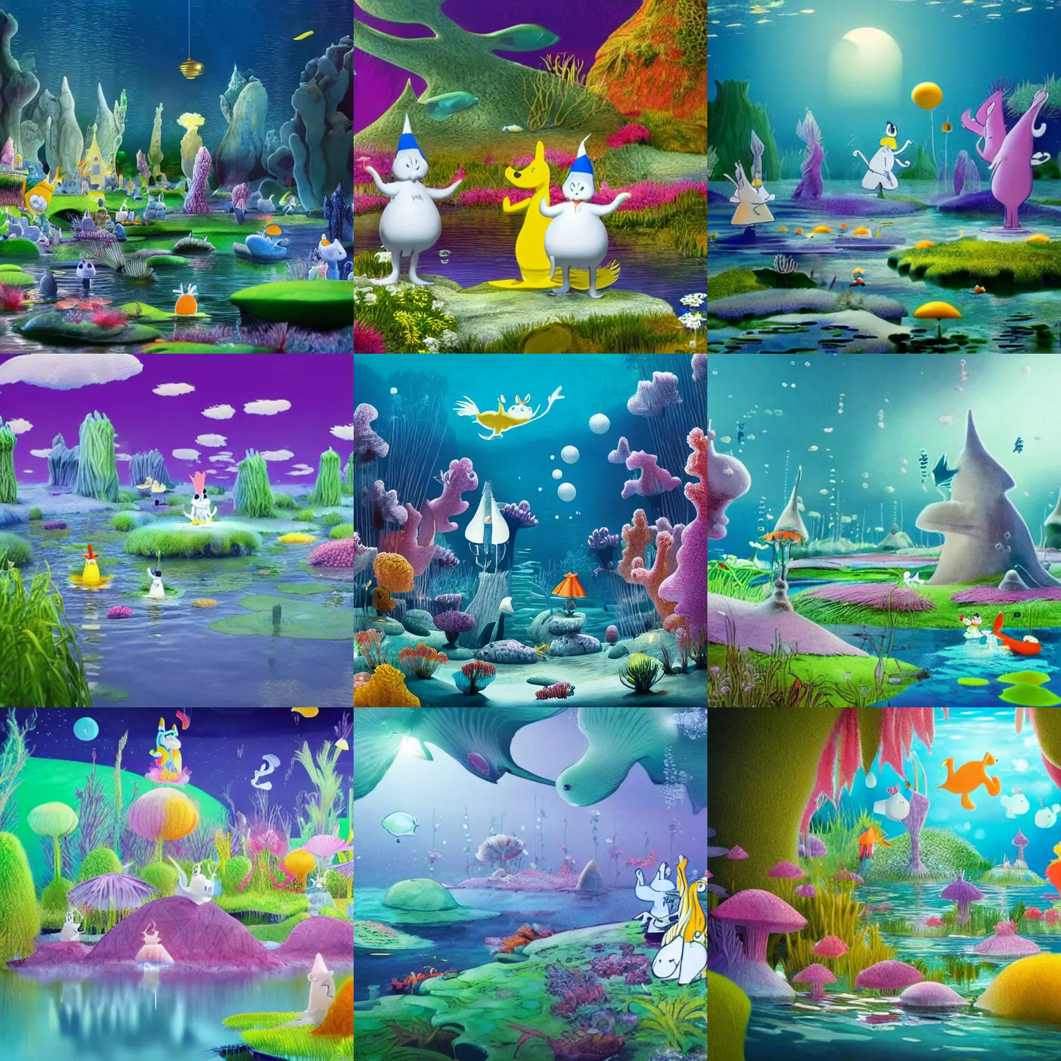 Prompt: the moomins in an underwater city with the moomins looking at glowing fishes in the sky swimming in the background and many underwater plants, magic atmosphere, very colorful, sweet, photorealistic 3d-rendering, very detailed