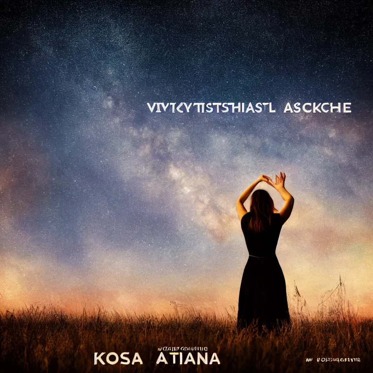 Image similar to album cover!, with text! kosmichna vystava!, a beautiful landscape of a starry sky with an beautiful woman waving to the horizon, cinematic, dramatic, photojournalism, highly detailed