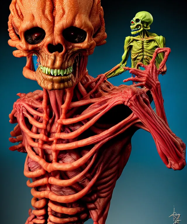 Image similar to hyperrealistic rendering, cronenberg flesh monster skeletor by art of skinner and richard corben and jeff easley, product photography, action figure, sofubi, studio lighting, colored gels