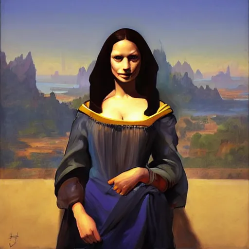 Image similar to greg manchess portrait painting of partially armored mona lisa as overwatch character, medium shot, asymmetrical, profile picture, organic painting, sunny day, matte painting, bold shapes, hard edges, street art, trending on artstation, by huang guangjian and gil elvgren and sachin teng