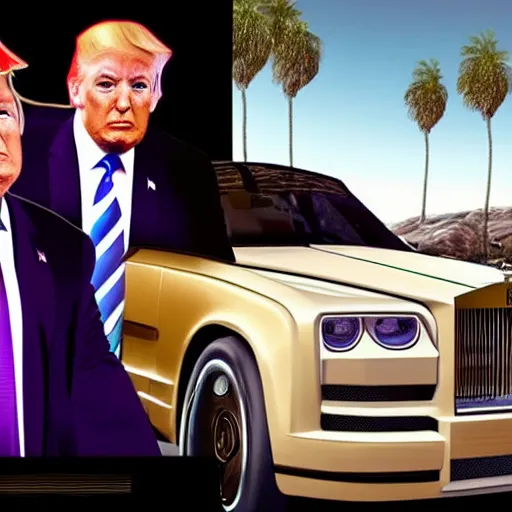 Prompt: donald trump sitting next to a roll's royce, gta 5 artwork, gold chain necklace, purple suit