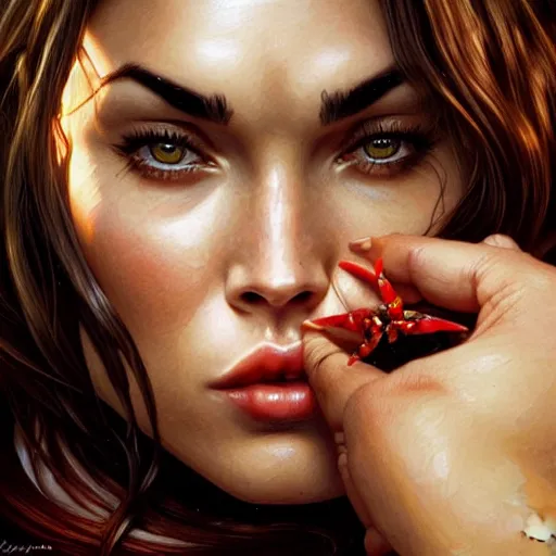 Prompt: Megan Fox eating crabs, closeup, D&D, fantasy, intricate, elegant, highly detailed, digital painting, artstation, concept art, matte, sharp focus, illustration, art by Artgerm and Greg Rutkowski and Alphonse Mucha