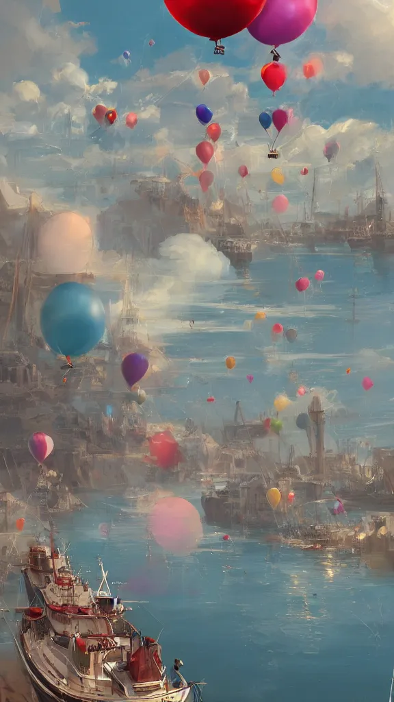 Image similar to a lot of birthday balloons floating above a beautiful maritime port. digital art. artstation cgsociety masterpiece