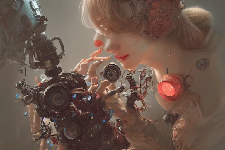 Image similar to hyperrealistic photography of a machine entering a female host in the style of Jin Kagetsu, James Jean and wlop, highly detailed, sharp focus, intricate concept art, digital painting, ambient lighting, 4k, artstation