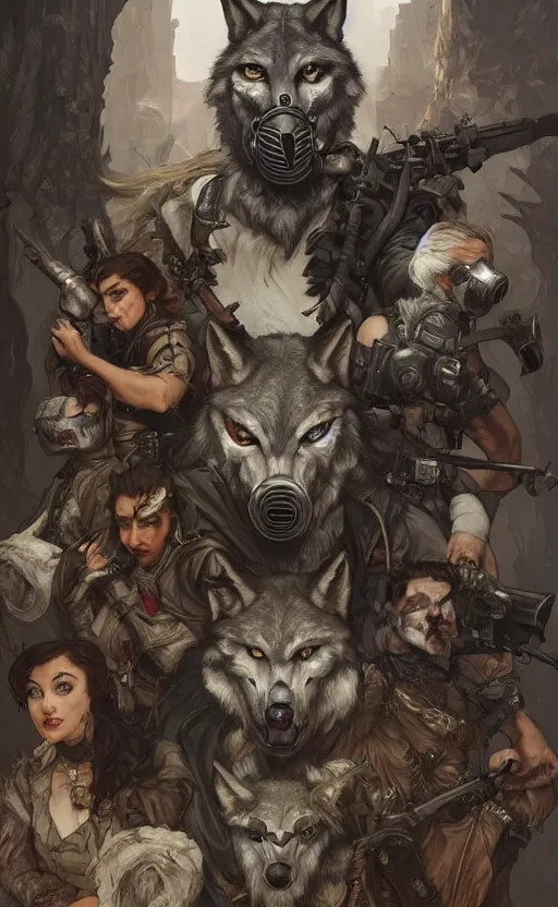 Prompt: wolfs gang photo group, theyre using wolf mask, and other using gas mask, d & d, fantasy, intricate, elegant, highly detailed, digital painting, artstation, concept art, matte, sharp focus, illustration, art by artgerm and greg rutkowski and alphonse mucha