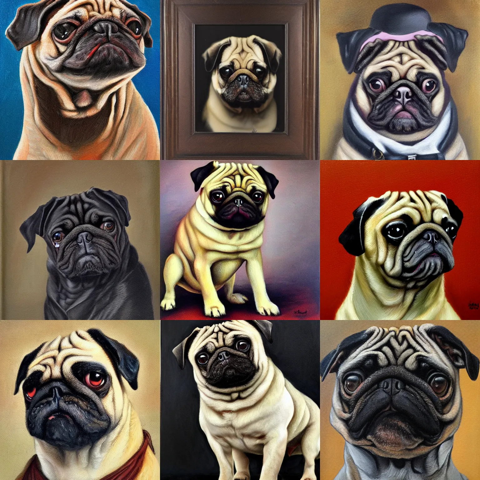 Prompt: dog pug as bodybuilder portrait, heavy texture victorian oil painting