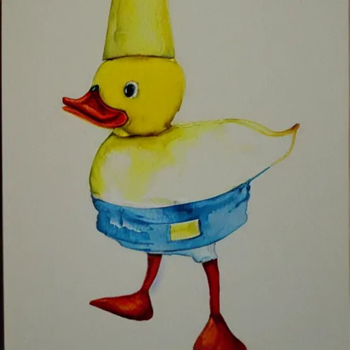 Image similar to watercolor yellow duck with party hat and middle finger pointing up, white background, highly detailed, art,