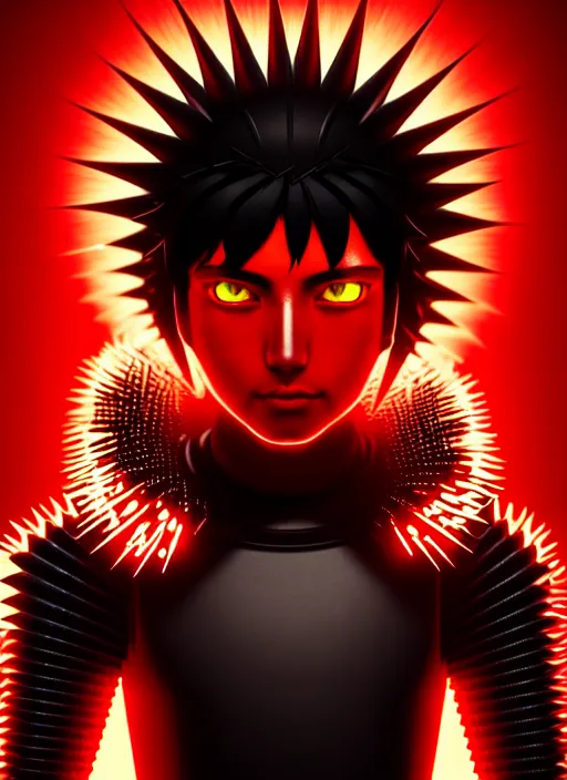 Image similar to a striking cinematic full body manga portrait of a black haired teenager wearing imposing red jagged spiked armour and glowing with red energy by hirohiko araki and beeple, fine details, digital art, character concept art, volumetric lighting, cinematic light, photorealistic