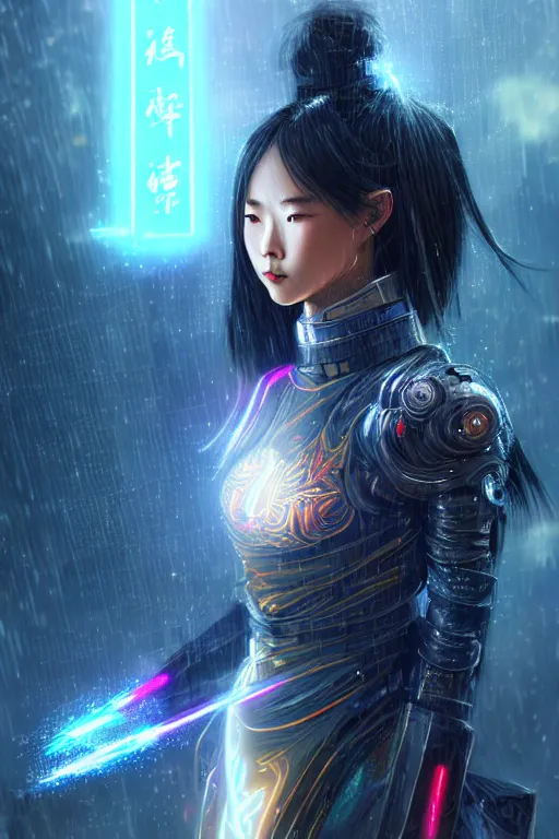 Image similar to portrait futuristic wuxia armor heroine Girl with thunder and fire sparkles and starlight, fighting in future cyberpunk tokyo heavy rainning rooftop , ssci-fi, fantasy, intricate, very very beautiful, elegant, human structure, neon light, highly detailed, digital painting, artstation, concept art, smooth, sharp focus, illustration, art by tian zi and WLOP and alphonse mucha