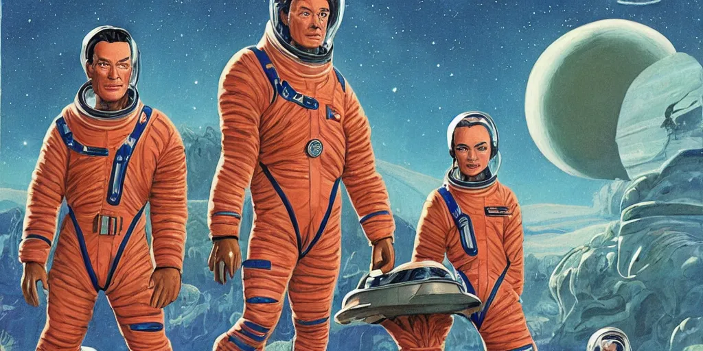 Prompt: a portrait of stallone and van damm and monroe pilots in spacesuit on field forrest spaceship station landing laying lake artillery outer worlds in FANTASTIC PLANET La planète sauvage animation by René Laloux