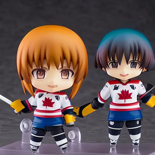 Image similar to an anime Nendoroid of Bob and Doug MacKenzie, the great white north, hockey jerseys, figurines, detailed product photo