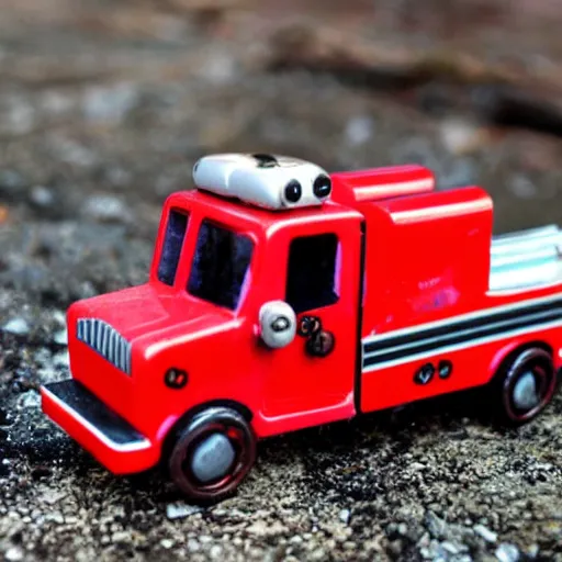 Prompt: a tiny toy fire engine with lights putting out a small fire