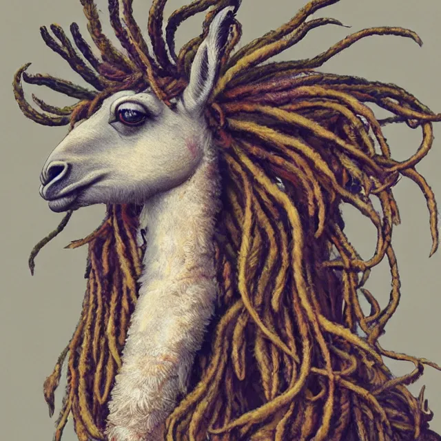 Prompt: llama with dreadlocks, by mandy jurgens, ernst haeckel, patrick caulfield, james jean