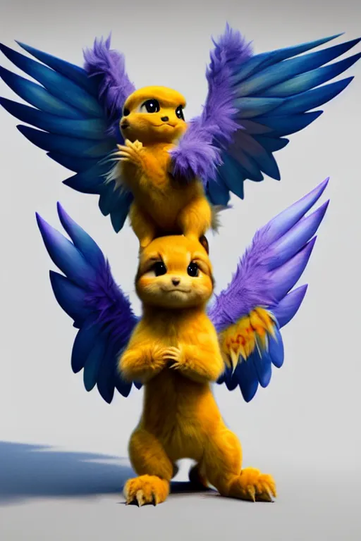 Prompt: high quality 3 d render hyperrealist very cute multicolor stripped fluffy! phoenix chimera hybrid with wings!! highly detailed, vray smooth, in the style of detective pikachu, hannah yata charlie immer, dramatic blue light, low angle, uhd 8 k, sharp focus