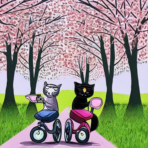 Image similar to a cute artwork of two cats riding scooters through a forest of cheery blossom trees