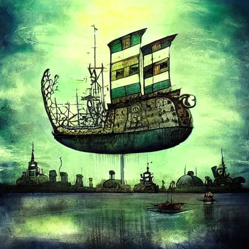 Prompt: a ship with many buildings built in to it flying through space alexander jansson