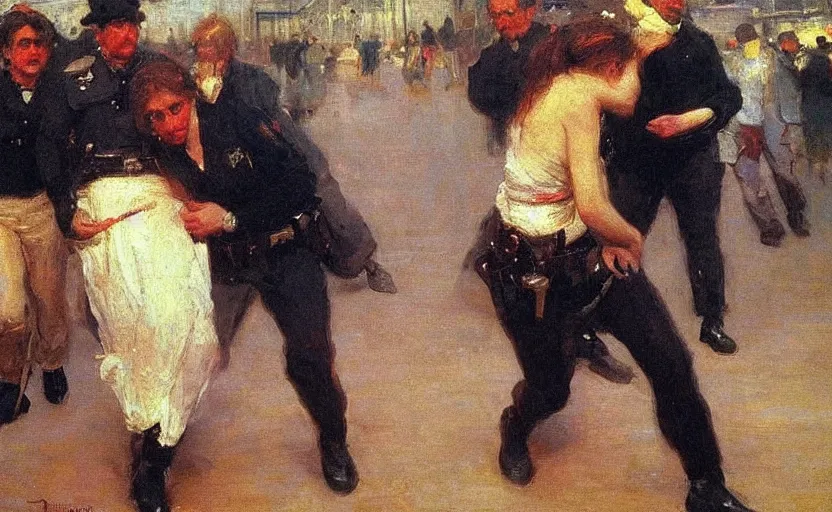 Image similar to high quality high detail painting by ilya repin, fbi arresting a woman, hd