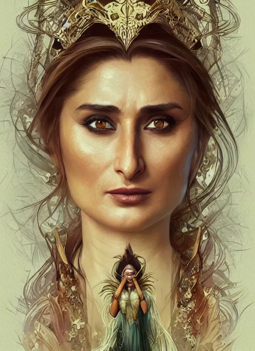 Image similar to beautiful kareena kapoor as baba yaga, fantasy, intricate, elegant, highly detailed, digital painting, artstation, concept art, matte, sharp focus, illustration, art by artgerm and greg rutkowski and alphonse mucha