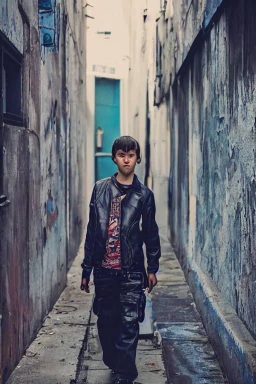 Prompt: photographic portrait of a young cyberpunk in an alleyway, in the style of eric lafforgue, kodak portra, hq