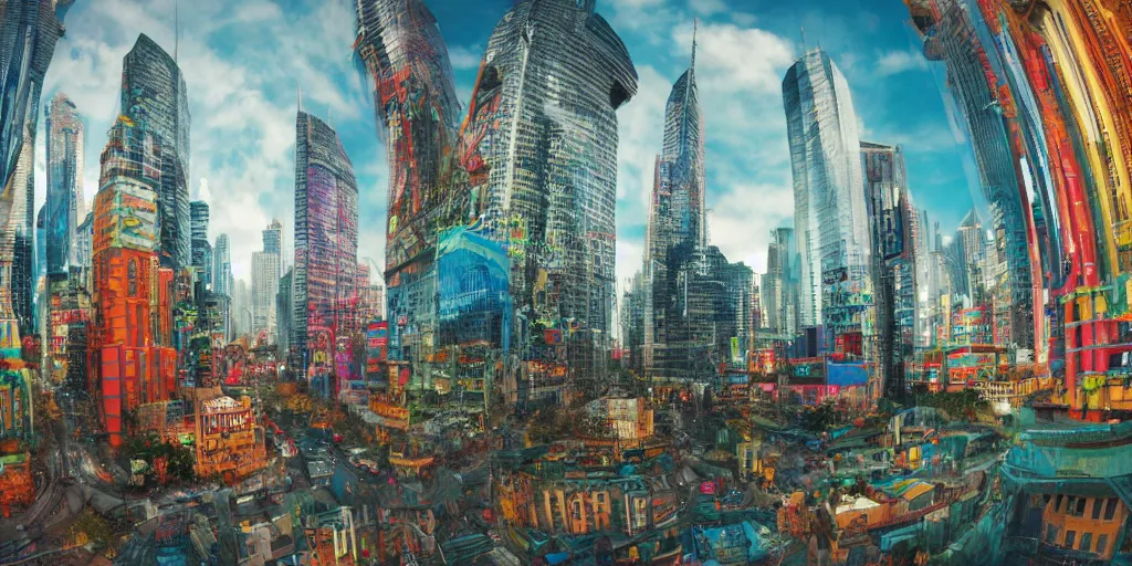 Image similar to Bustling vivid utopian city reimagined by Max Hay, fisheye lens!!!, 100mm photography, trending on artstation, 4k, 8k, lens distortion, chromatic aberration, soft focus blur, photorealistic imagery, photorealistic details, intricate, highly detailed, artstation 3d, artstation render, artstation 3d render, 3d art, unreal engine 3d, octane 3d, blender 3d, 3d landscape