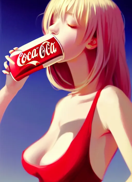 Image similar to full body picture of a girl drinking a coke, highly detailed face, very thirsty, dripping on the body, sharp focus, shiny day beach, extremely beautiful and cute and aesthetic face and body, specular reflection, occlusion shadow, trending on artstation, epic light novel cover art, art by ilya kuvshinov and sakimichan and jeremy lipking