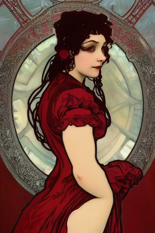 Prompt: A close-up portrait of a cute goth girl wearing a dark red dress by Alphonse Mucha, art nouveau card, wlop, trending on artstation, 8k