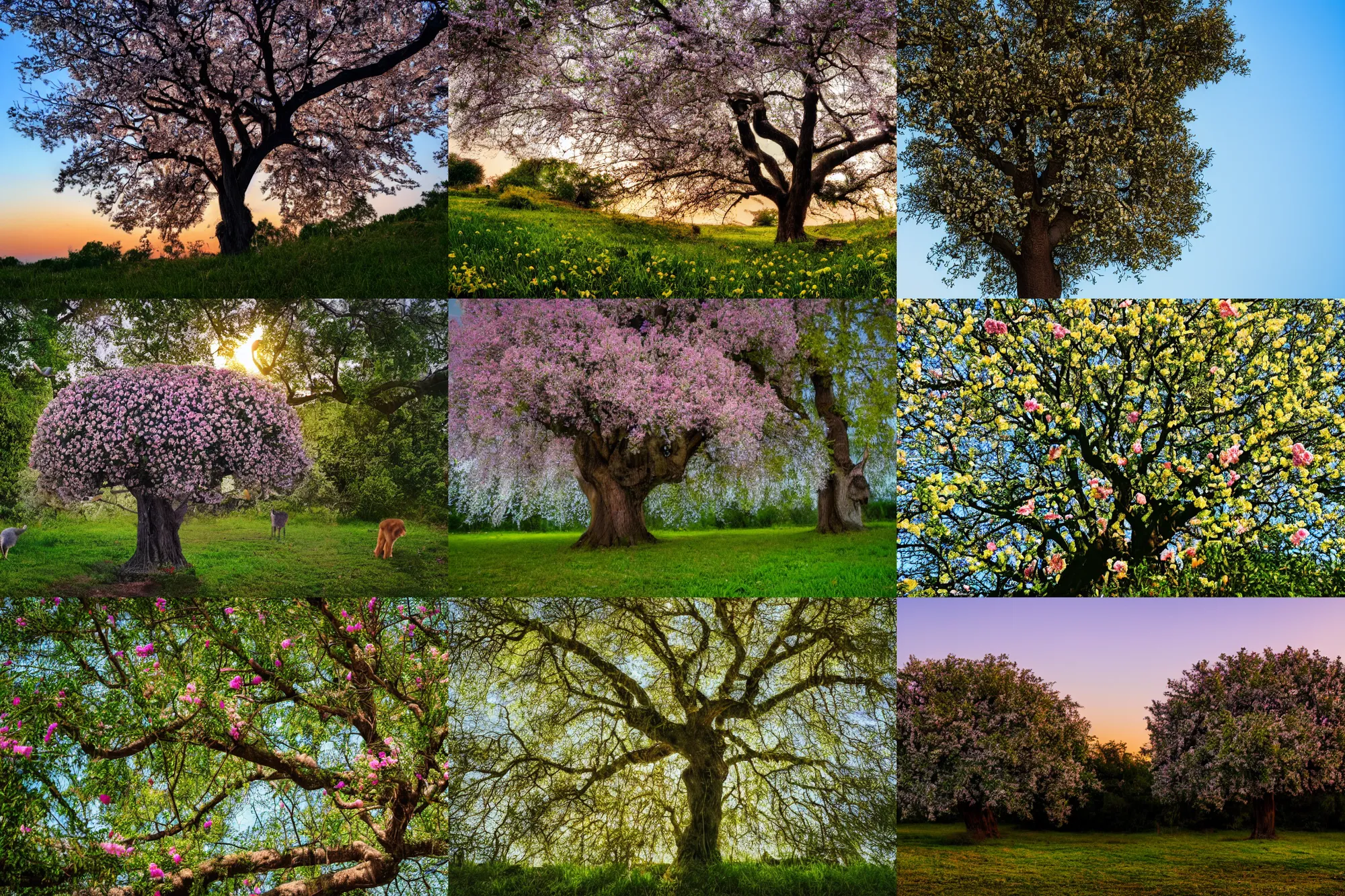 Prompt: photo of a bushy tree with flowers and animals around it, slight breeze, dawn, 4 k, dslr, flickr