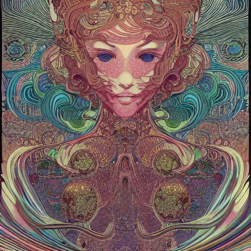 Prompt: intricate detailed maximalist hyperrealism psychedelic incredible beautiful gorgeous landscape of flowing reality and melting perception by victo ngai yoji shinkawa moebius jean girard shintaro kago junji ito esoteric hypnogogic alphonse mucha victo ngai