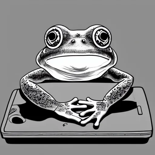 Image similar to sad humanoid frog holding his head in front of a computer screen in a dingy dark room at night. digital art.