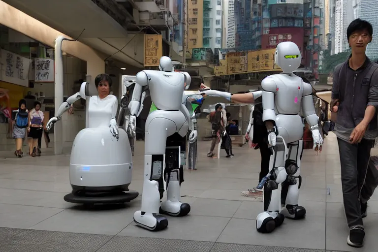 Prompt: robots helping elderly tourists in Hong Kong by Roger Deakins