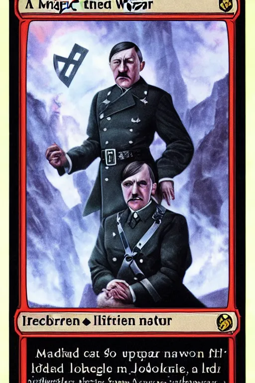 Prompt: a photo showing a magic the gathering card in it's full glory, depicting adolf hitler as a wizzard, 8 k, ultra realistic,