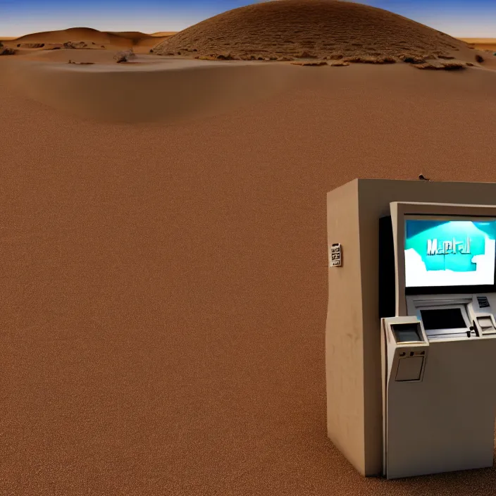 Image similar to hyperrealistic mixed media portrait of a moridly obese man using an ATM machine in the middle of a barren desert wasteland, despair, depressing and hopeless vibe, stunning 3d render inspired art by P. Craig Russell and Barry Windsor-Smith + perfect facial symmetry + dim volumetric lighting, 8k octane beautifully detailed render, post-processing, extremely hyperdetailed, epic composition, grim yet sparkling atmosphere, cinematic lighting + masterpiece, trending on artstation