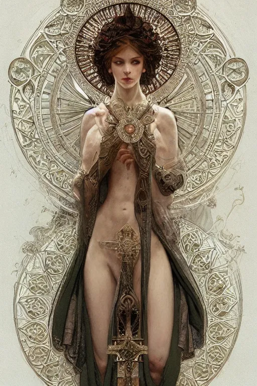 Image similar to a full body portrait of a beautiful ethereal delicate babylonian mage queen meditative sacral pose catholic stages of the cross, intricate, elegant, highly detailed, digital painting, artstation, concept art, smooth, sharp focus, illustration, art by krenz cushart and artem demura and alphonse mucha