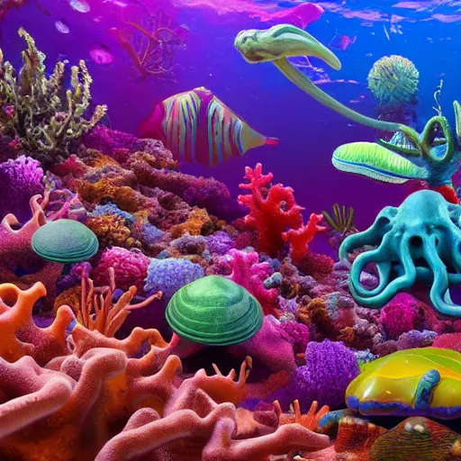 Image similar to a group of cephalopod - like alien creatures swim through a vividly colorful complex diverse bright dense coral reef in the ocean of an alien world, coral, coral reef, sealife, alien oceans, alien worlds, 4 k resolution, ultra realistic, hyperdetailed, photorealism, trending on artstation