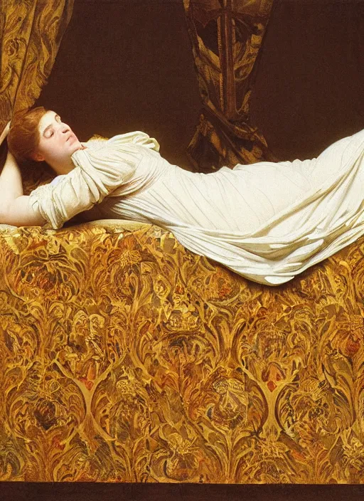 Prompt: masterpiece portrait of lady reclining on bed wearing yellow ochre ornate medieval dress, vertical, foreshortening, colour photography by frederic leighton, william morris, 8 k