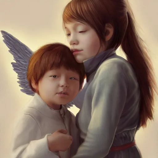 Prompt: Angel protecting child by Lin Chang, very detailed, deviantart, artstation