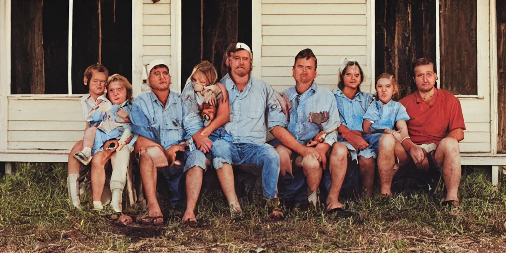 Image similar to close up portrait of white redneck family sitting on front porch of dilapidated house, kodak gold 2 0 0,