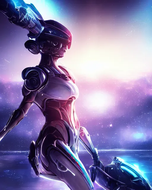 Image similar to photo of a android girl on a mothership, warframe armor, beautiful face, scifi, nebula, futuristic background, galaxy raytracing, masterpiece, ethereal, beauty, ponytail haircut, blue cyborg eyes, cosmic wind, flow state, 8 k high definition, insanely detailed, intricate, innocent, art by akihiko yoshida, antilous chao, woo kim