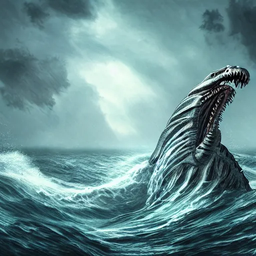 Prompt: huge sea monster, towering over you, colossal giant, mythical sea creature, epic, waves, rough ocean, stormy, gigantic huge sea monster, extremely detailed, intricate digital art, 8 k