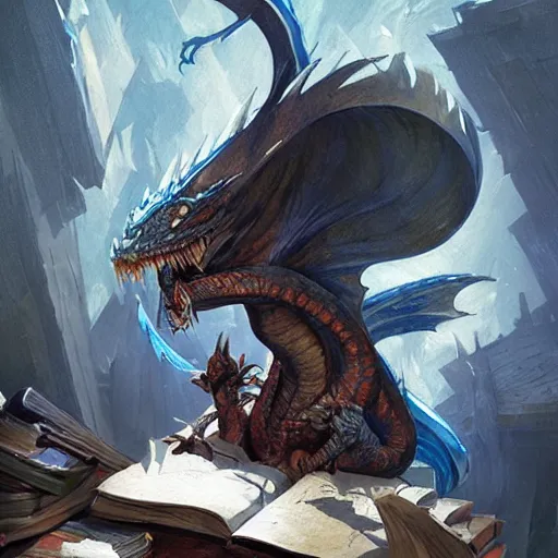 Image similar to blue dragon sitting on a hoard of books, fantasy, dnd, art by greg rutkowski