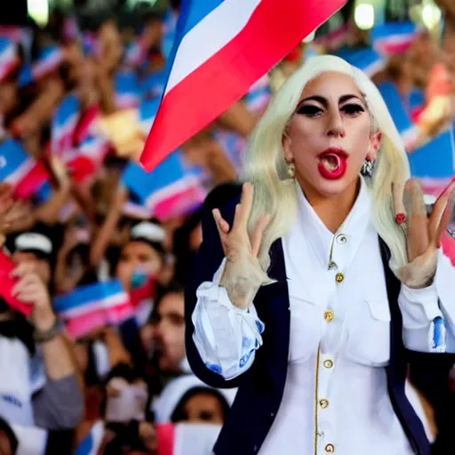 Image similar to Lady Gaga as president, Argentina presidential rally, Argentine flags behind, bokeh, giving a speech, detailed face, Argentina