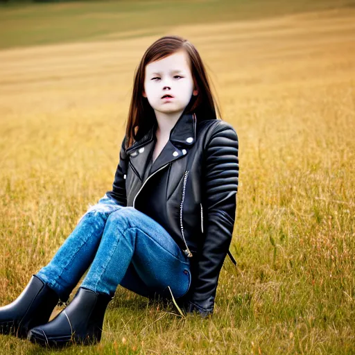 Prompt: young girl sits on a meadow, she wears leather jacket, jeans and black boots, sharp focus, photo taken by nikon, 4 k,